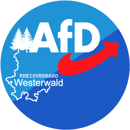 Ein Kreis in 2 Blau-Tönen. oben steht AfD mit dem signifikanten rotem Pfeil nach rechts-oben. Links stehen 2 Tannen. Darunter die Grenzen des Westerwaldkreises. Innerhalb der Grenzen steht "Kreisverband Westerwald".